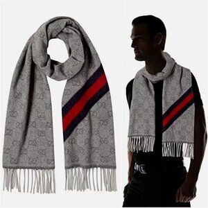Gucci Men GG Web Wool Scarf Grey NWOT*f